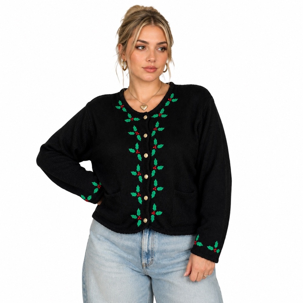 VTG Tally-Ho XL Black Holly Embroidered Christmas Cardigan Sweater Cottagecore